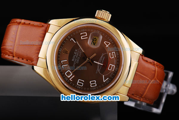 Rolex Datejust Oyster Perpetual Automatic Smooth Gold Case with Brown Dial and White Number Marking-Leather Strap - Click Image to Close